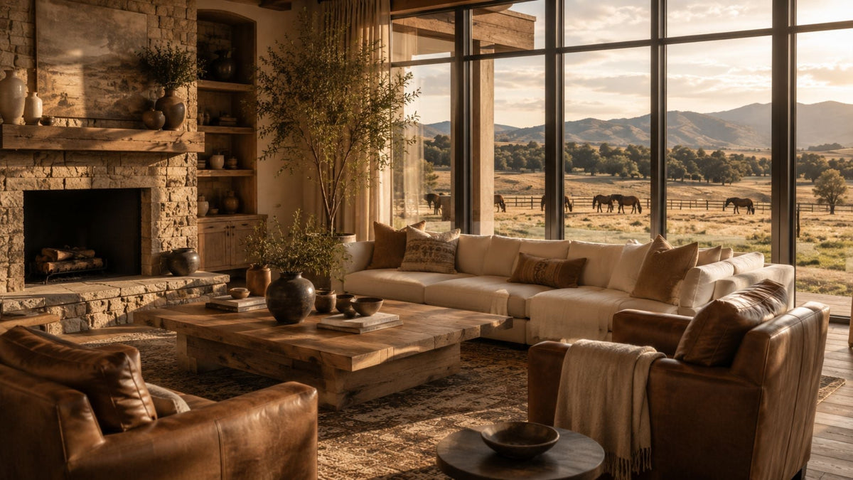 Luxury Modern Western living room with leather seating, natural wood, stone fireplace, and ranch views.