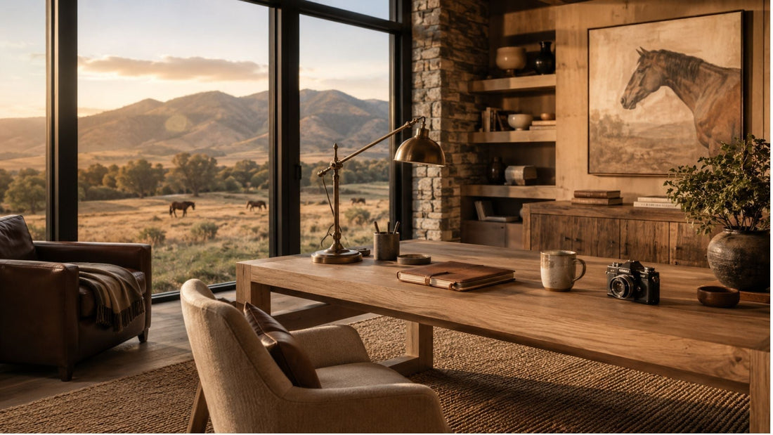 Modern Western home office with natural wood furniture, leather journal, ceramic coffee mug, warm sunlight, and ranch views through large windows.