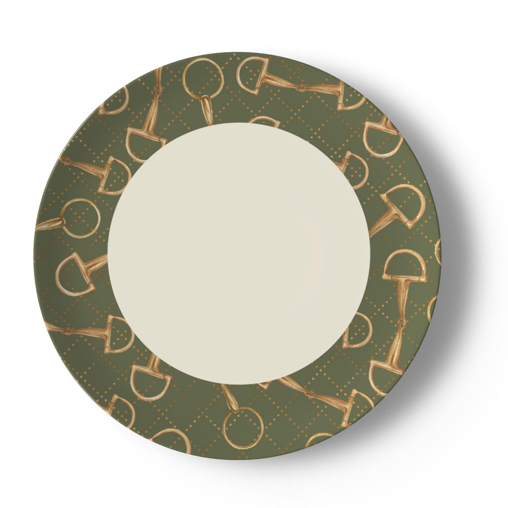 Olive Equestrian Bit Bone China Dinner Plates — Set of Four