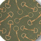 A round decorative plate featuring a repeating pattern of gold horsebit illustrations over an olive green background with a subtle diamond lattice design.