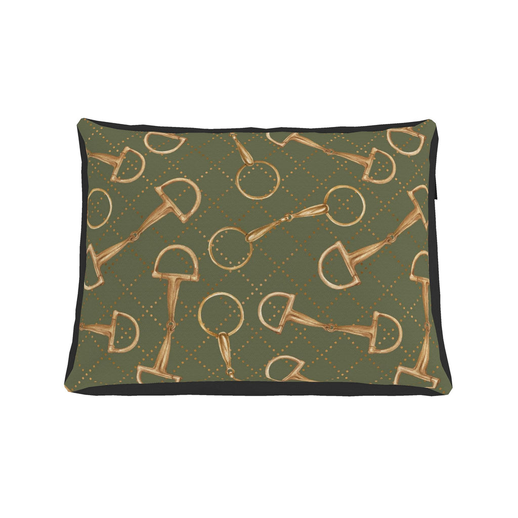 A rectangular pet bed with a dark olive green background featuring a repeating pattern of gold horse bits and a black border, shown against a plain white background.