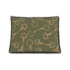 A rectangular pet bed with a dark olive green background featuring a repeating pattern of gold horse bits and a black border, shown against a plain white background.