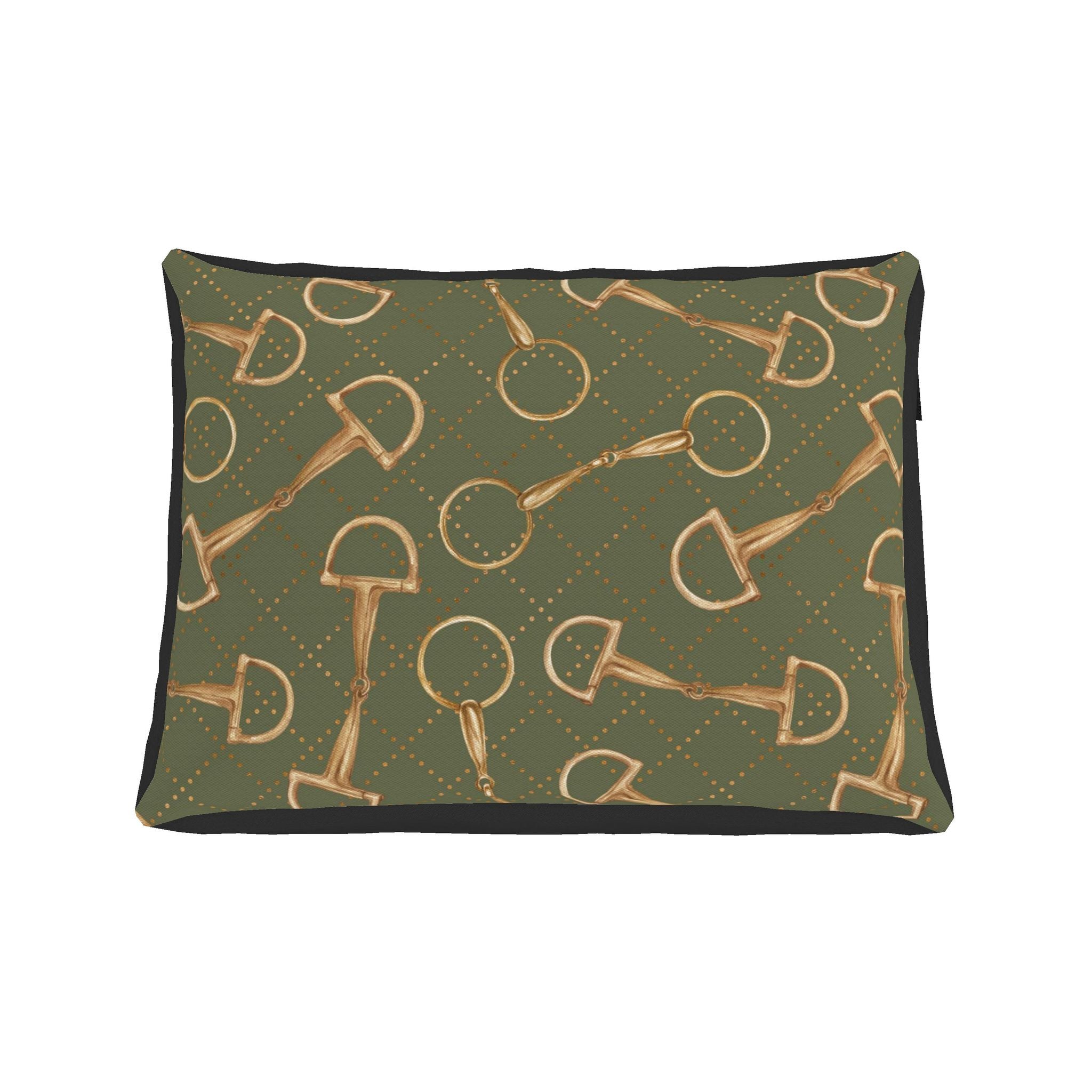 A rectangular pet bed with a dark olive green background featuring a repeating pattern of gold horse bits and a black border, shown against a plain white background.