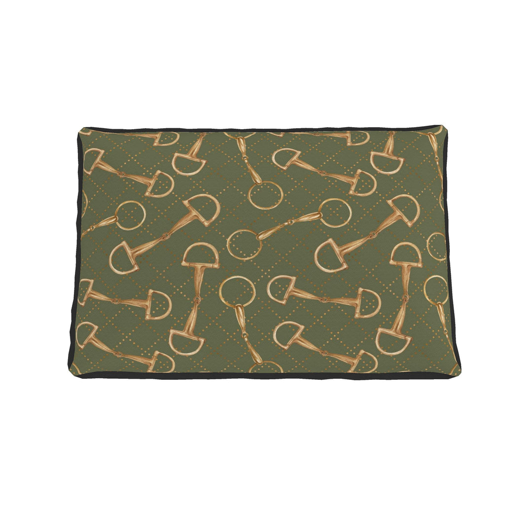 A rectangular pet bed with a dark olive green background featuring a repeating pattern of gold horse bits and small gold dotted lines, finished with a black stitched border.
