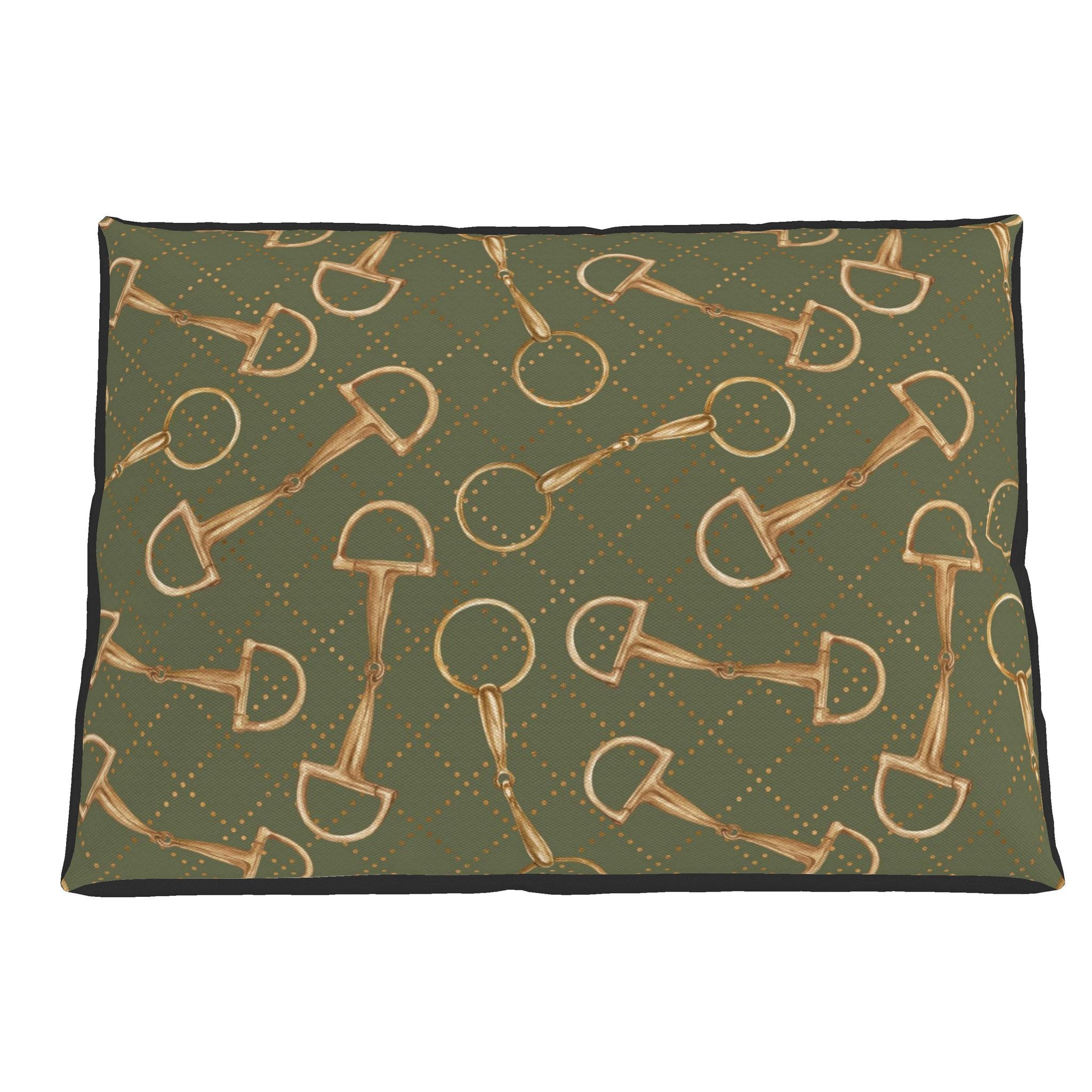 A rectangular pet bed with a dark olive green background featuring a repeating pattern of gold horse bits and dotted diamond shapes, finished with a black stitched border.