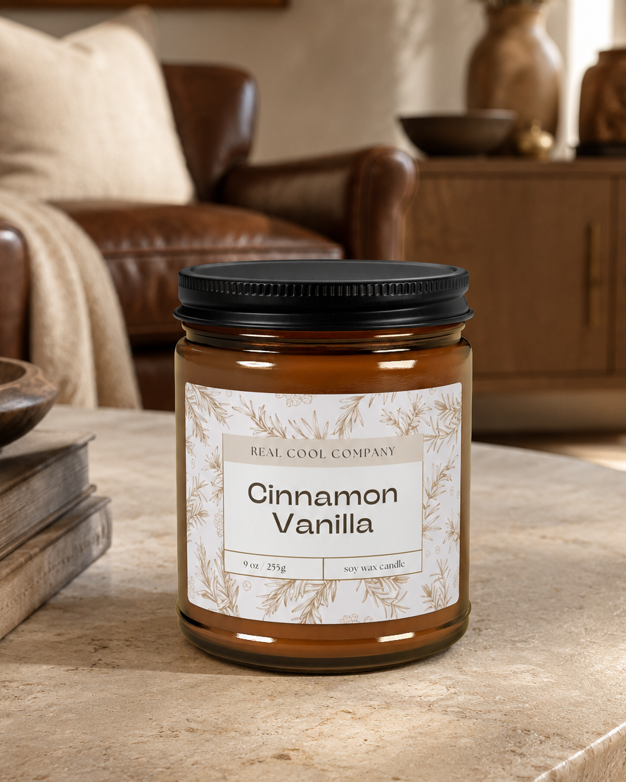 A jar candle labeled 'Cinnamon Vanilla' by Real Cool Company sits on a stone table in a warm, rustic living room setting with a leather sofa and wooden furniture in the background.