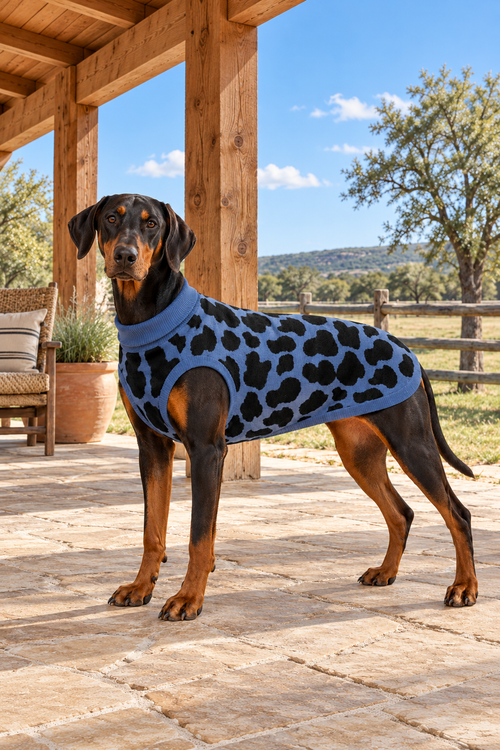 Black & Blue Cow Print Knitted Dog Sweater