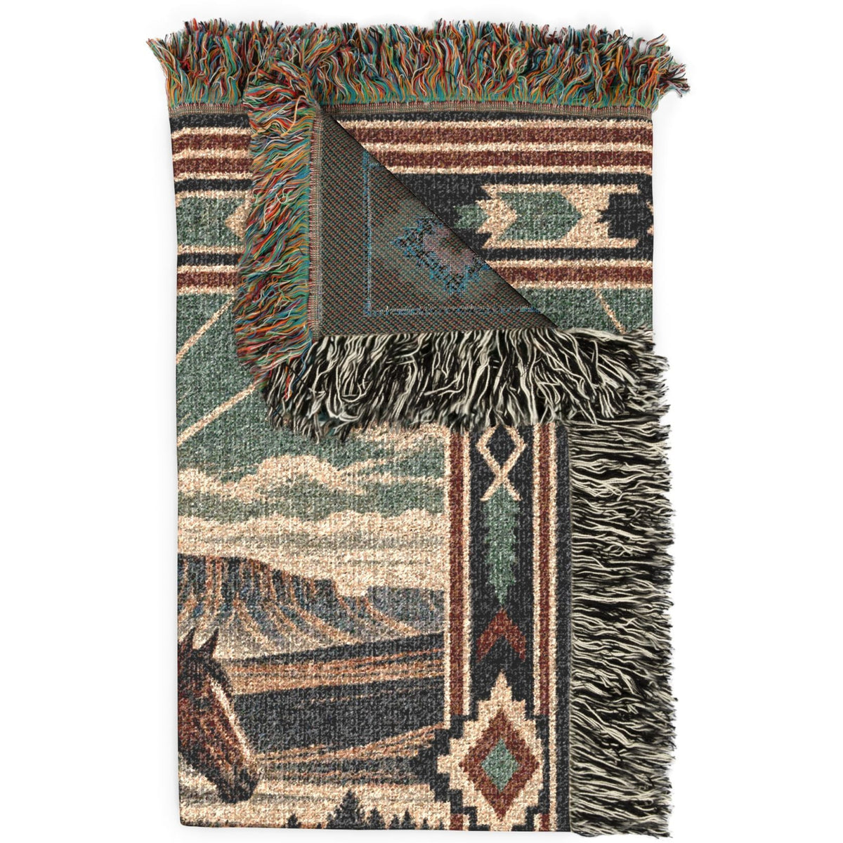 A folded woven throw blanket with a Southwestern geometric pattern and fringe, featuring a horse motif and mountain landscape design, shown on a white background.