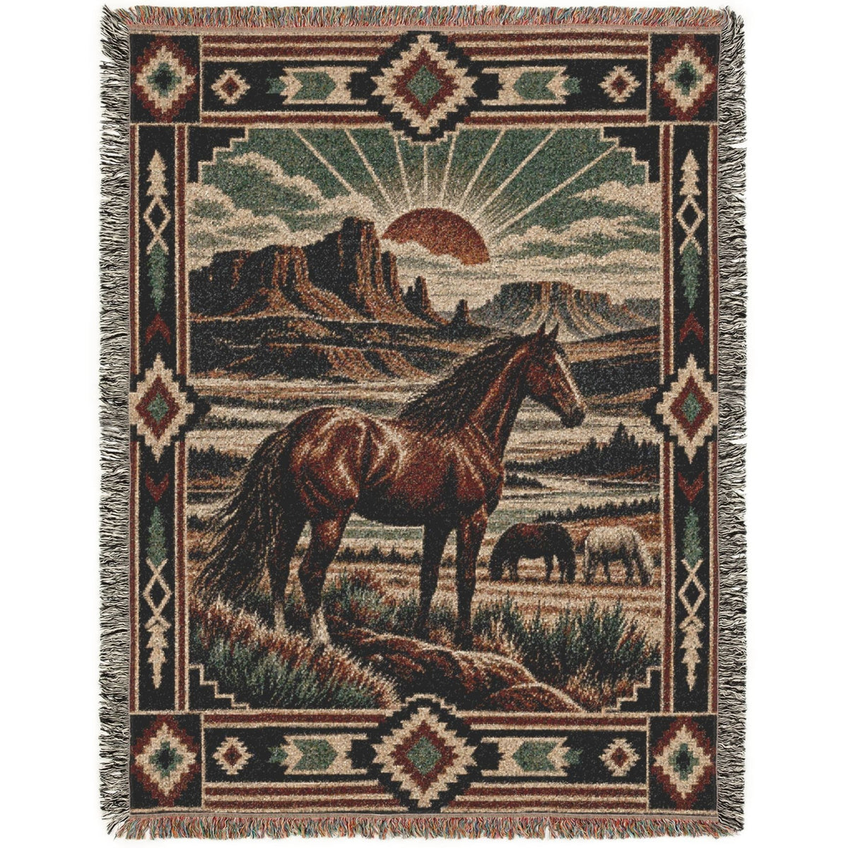 A rectangular woven throw blanket with fringe on all sides, featuring a western landscape scene with a brown horse, a small donkey, mountains, and a sun, surrounded by geometric Southwestern-style borders.
