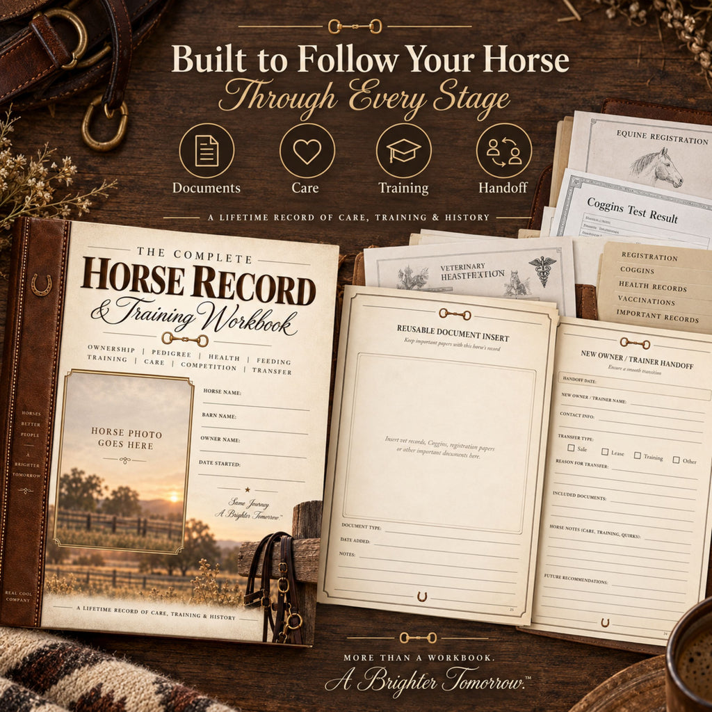 A horse training and care record workbook set displayed on a rustic wooden surface, including a bound workbook, loose document inserts, and a leather strap. Text at the top reads 'Built to Follow Your Horse Through Every Stage' with icons for Documents, Care, Training, and Handoff.