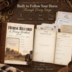 A horse training and care record workbook set displayed on a rustic wooden surface, including a bound workbook, loose document inserts, and a leather strap. Text at the top reads 'Built to Follow Your Horse Through Every Stage' with icons for Documents, Care, Training, and Handoff.