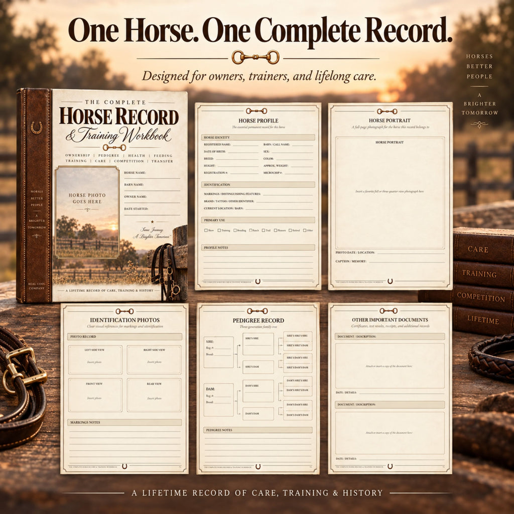 Part of The Company Horse Record & Training Workbook set displayed on a rustic wooden surface with a leather strap and vintage books. The set includes a brown leather-bound look workbook cover, six cream-colored paper inserts for tracking horse profiles, pedigree, identification photo, training records, and other important documents, with a warm sunset background.