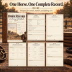 Part of The Company Horse Record & Training Workbook set displayed on a rustic wooden surface with a leather strap and vintage books. The set includes a brown leather-bound look workbook cover, six cream-colored paper inserts for tracking horse profiles, pedigree, identification photo, training records, and other important documents, with a warm sunset background.