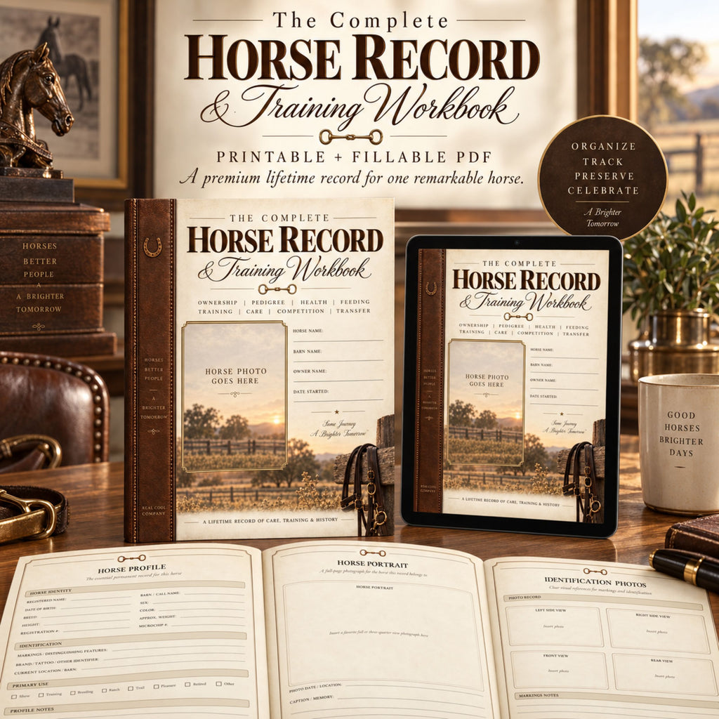Promotional graphic for 'The Complete Horse Record & Training Workbook' showing the cover, a tablet mockup, and open workbook pages on a rustic wooden desk with books and a mug.