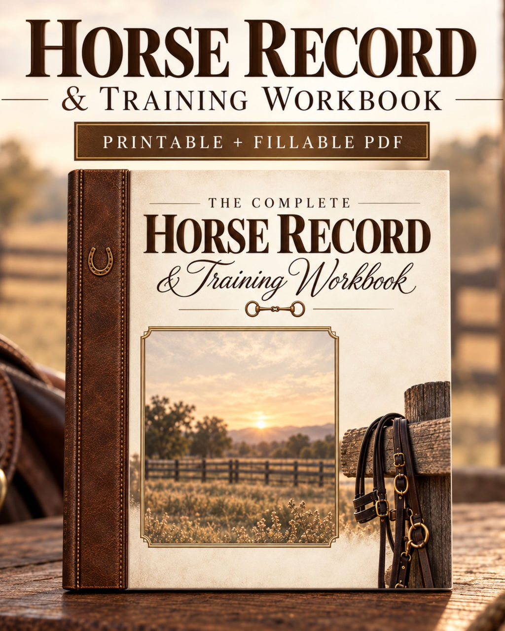 Horse Record & Training Workbook cover shown as a product mockup on a rustic wooden surface, with a blurred barn scene in the background. Large title text at the top reads 'Horse Record & Training Workbook' and a banner says 'Printable + Fillable PDF'.