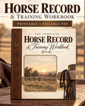 Horse Record & Training Workbook cover shown as a product mockup on a rustic wooden surface, with a blurred barn scene in the background. Large title text at the top reads 'Horse Record & Training Workbook' and a banner says 'Printable + Fillable PDF'.