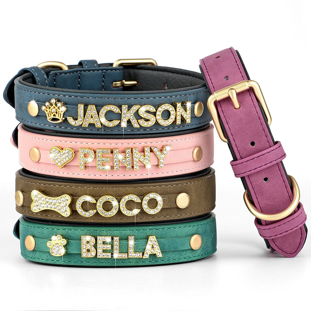 Personalized PU Leather Rhinestone Dog Name Collars