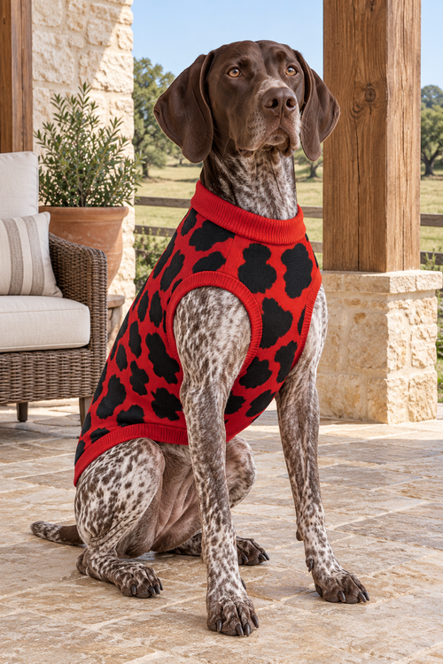 Black & Red Cow Print Knitted Dog Sweater