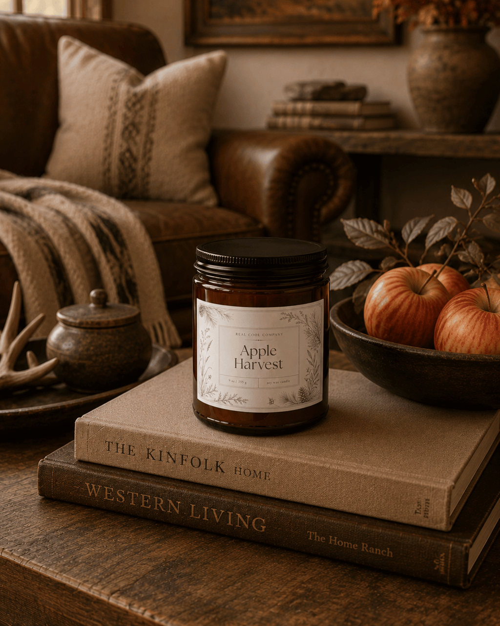 An amber glass jar candle with a black lid and a cream label reading 'Apple Harvest' sits on stacked books on a wooden table in a cozy living room setting with a leather sofa, throw blanket, and apples in a bowl.