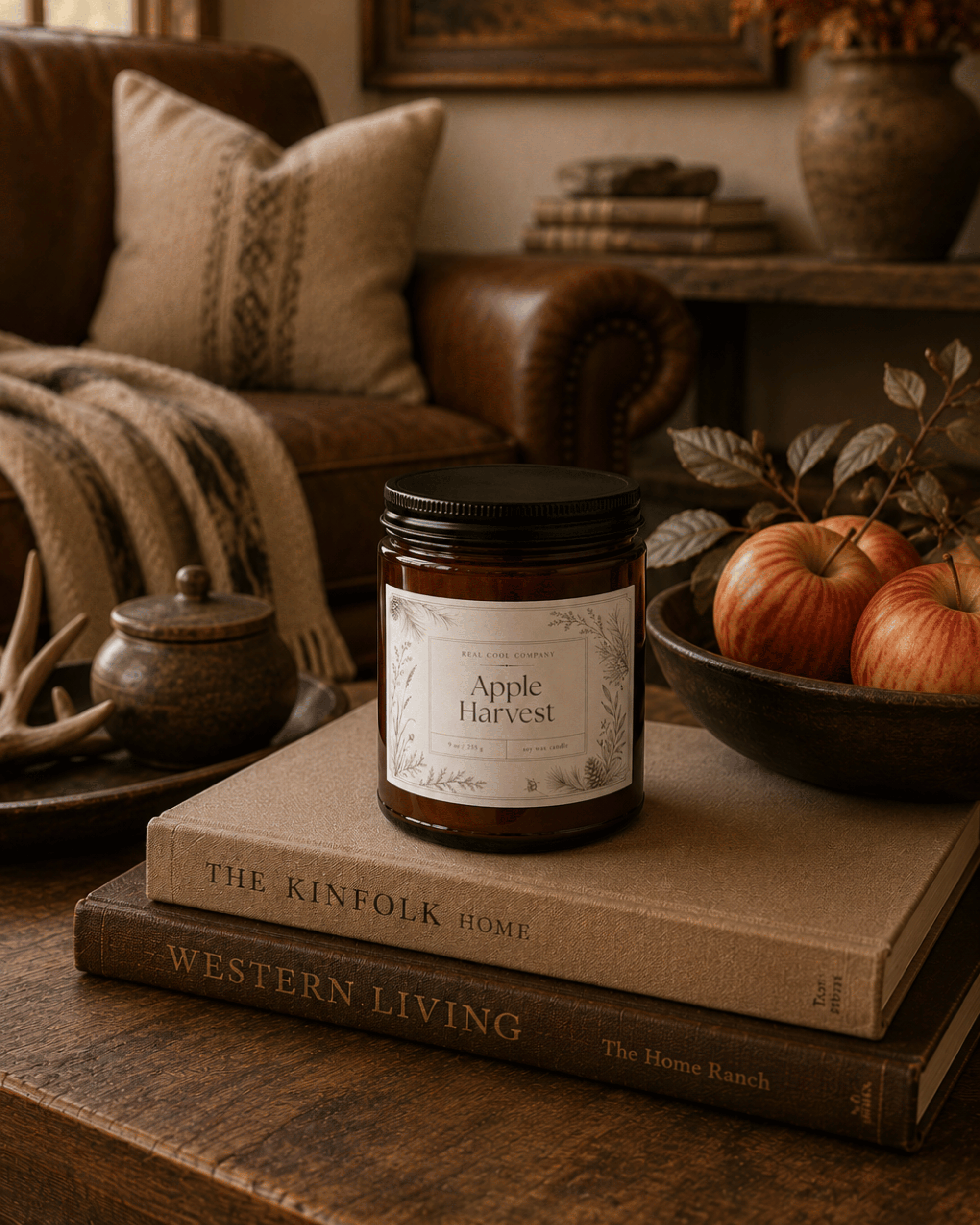 An amber glass jar candle with a black lid and a cream label reading 'Apple Harvest' sits on stacked books on a wooden table in a cozy living room setting with a leather sofa, throw blanket, and apples in a bowl.