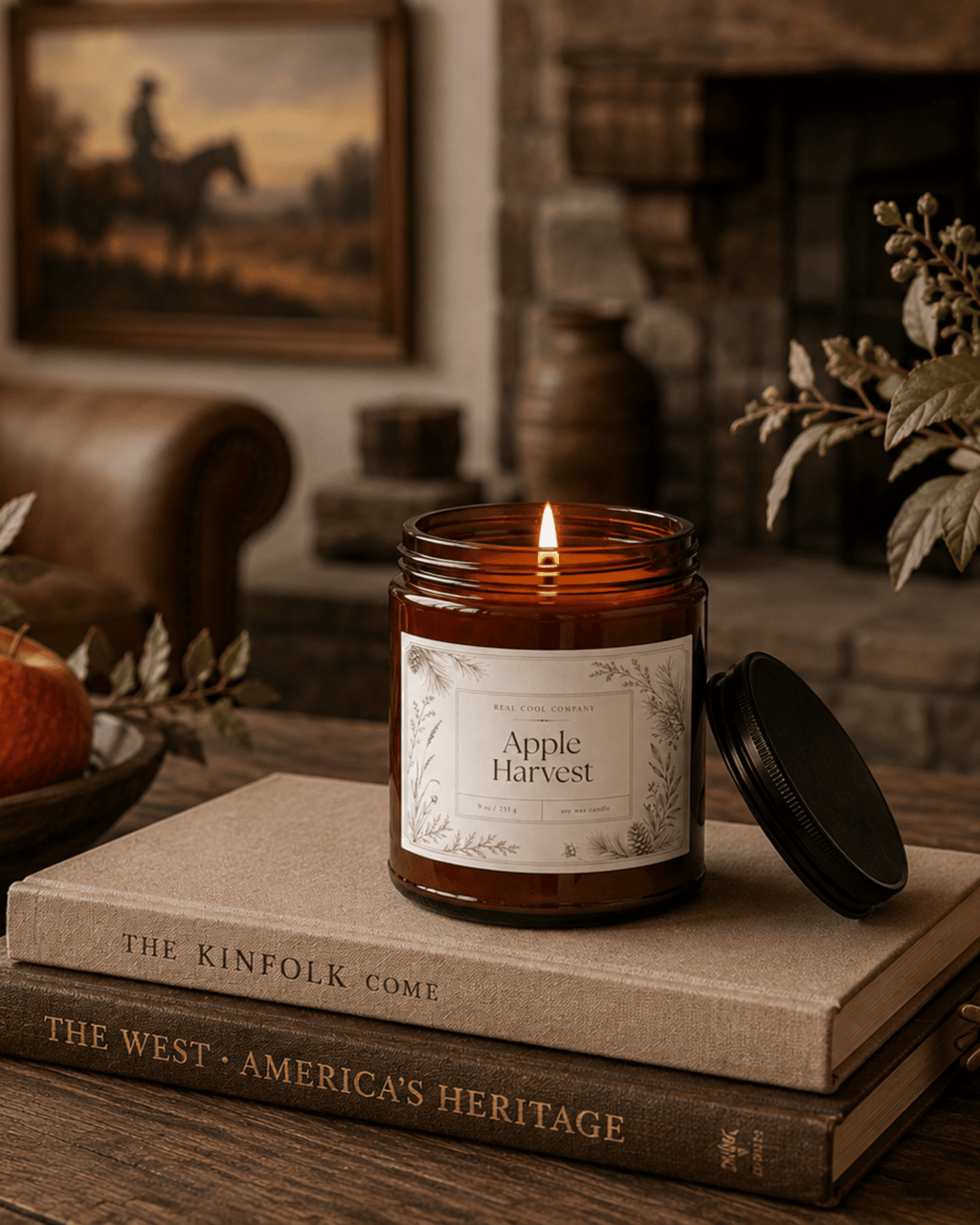 A lit amber glass jar candle with a white label reading 'Apple Harvest' sits on stacked books in a cozy indoor setting. The lid rests beside the jar, with a fireplace, leather chair, framed artwork, and dried leaves in the background.