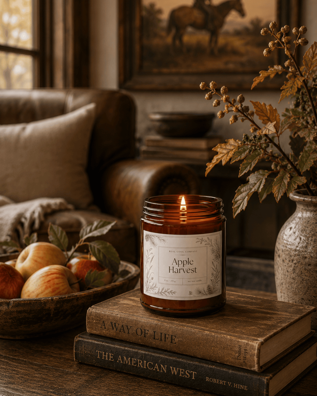 An amber glass jar candle labeled 'Apple Harvest' sits lit on stacked vintage books in a rustic living room setting, with apples in a bowl, a leather sofa, and dried flowers in the background.