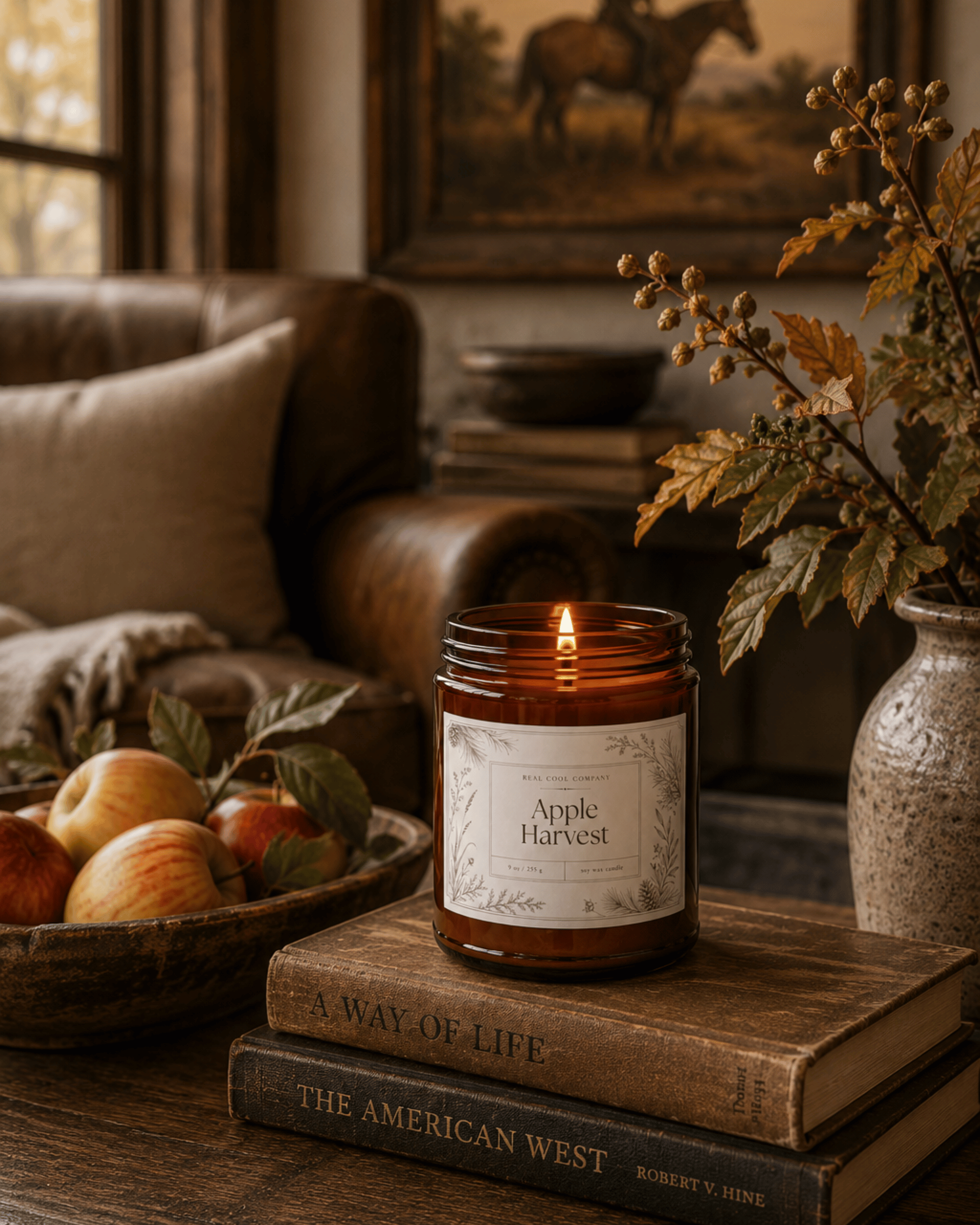 An amber glass jar candle labeled 'Apple Harvest' sits lit on stacked vintage books in a rustic living room setting, with apples in a bowl, a leather sofa, and dried flowers in the background.