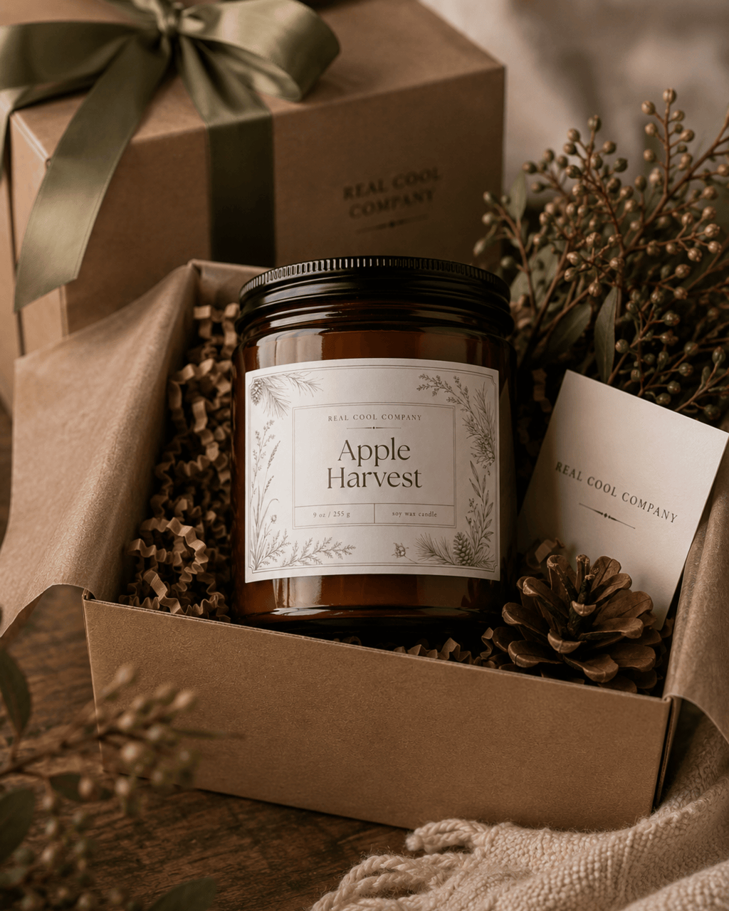 A jar candle labeled 'Apple Harvest' by Real Cozy Company, presented in a kraft gift box with dried botanicals, a pinecone, and a card. The matching branded box and ribbon are visible in the background.