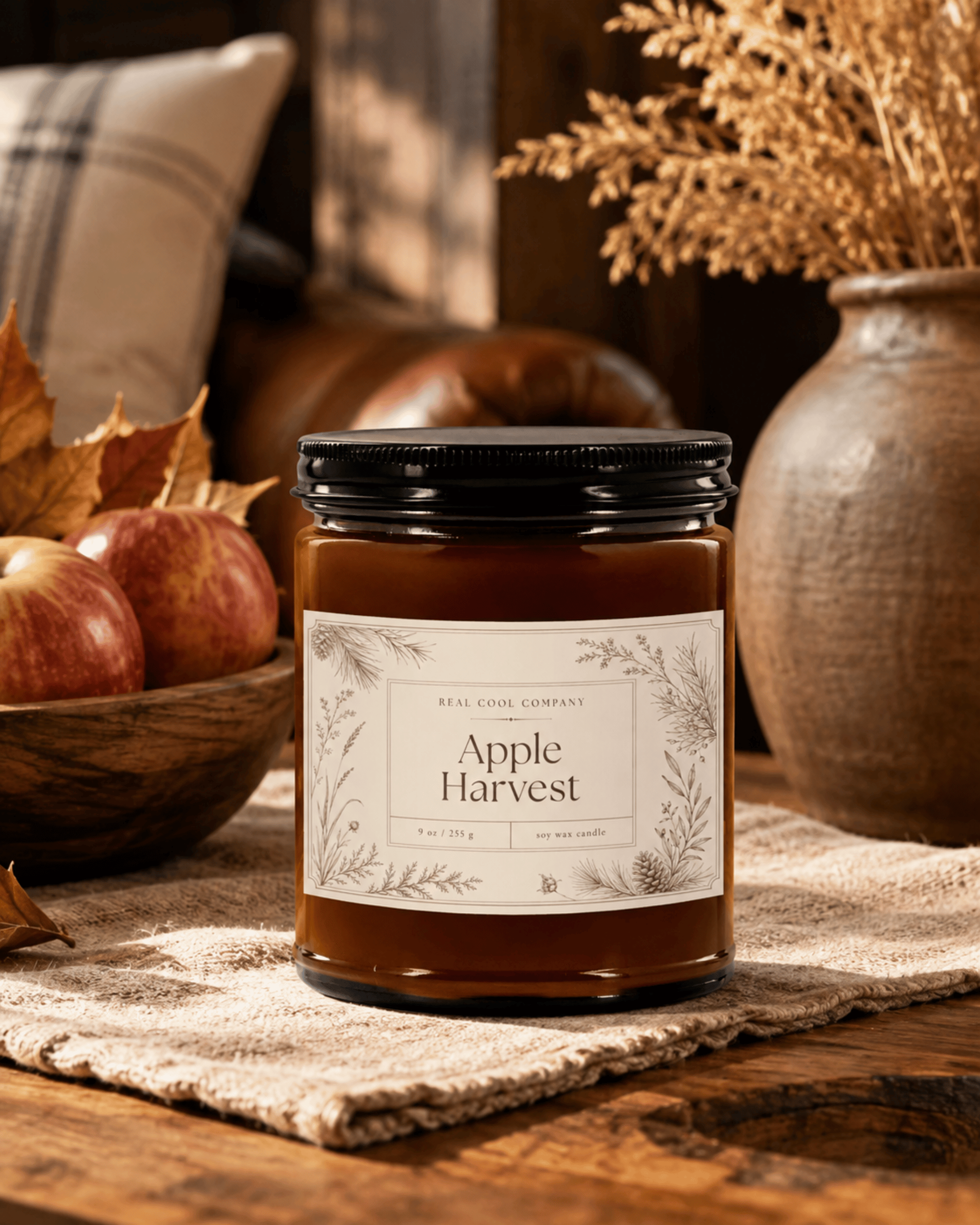 A amber glass jar candle labeled 'Apple Harvest' by Real Gone Company, topped with a black lid, styled on a rustic table with apples, dried leaves, and a ceramic vase in the background.
