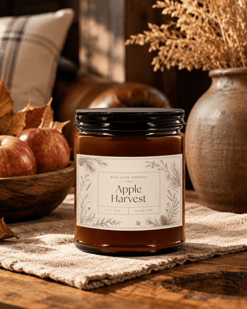 A amber glass jar candle labeled 'Apple Harvest' by Real Gone Company, topped with a black lid, styled on a rustic table with apples, dried leaves, and a ceramic vase in the background.