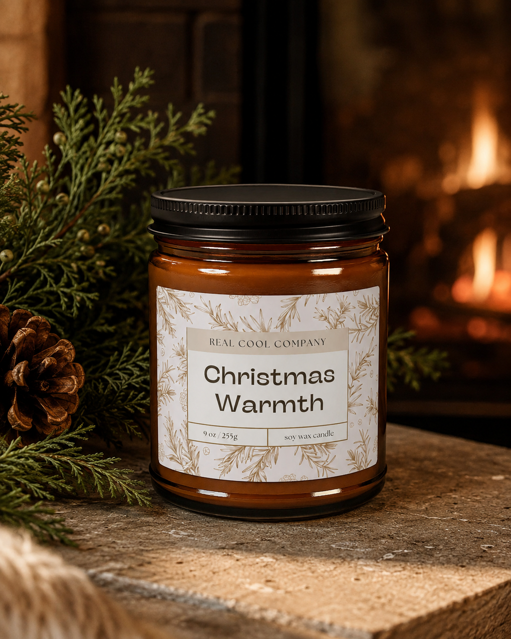 An amber glass jar candle with a black lid and a cream label reading 'Real Cool Company Christmas Warmth' sits on a stone surface beside evergreen branches and a pinecone, with a blurred fireplace in the background.