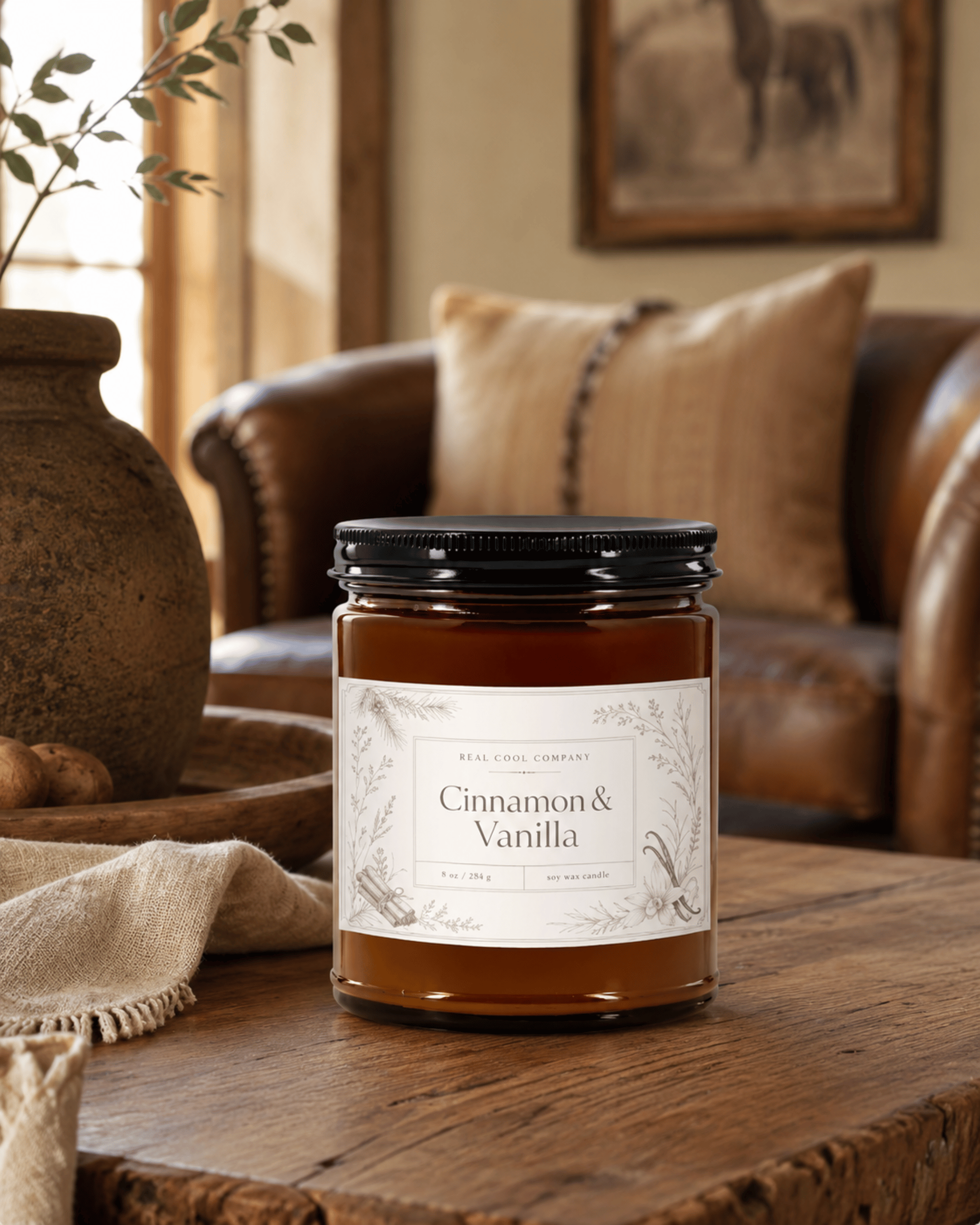 A glass jar candle with a black lid and a white label reading 'Real Wood Company Cinnamon & Vanilla' sits on a rustic wooden table in a cozy living room setting with a leather sofa and neutral decor in the background.