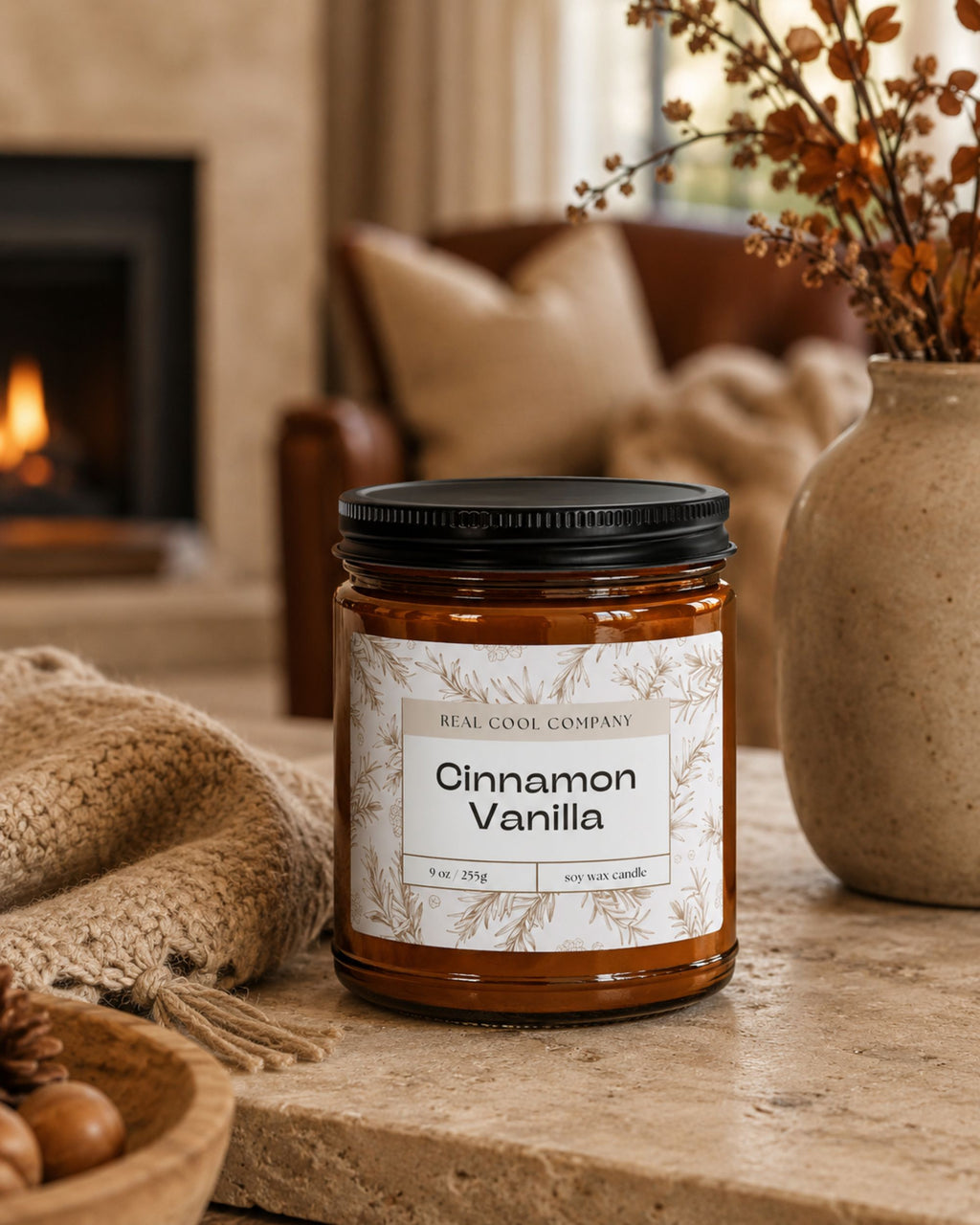 A 9 oz soy candle in an amber glass jar with a black lid and a cream label reading 'REAL COOL COMPANY Cinnamon Vanilla', styled on a stone surface in a cozy living room setting with a fireplace, knitted blanket, and vase in the background.