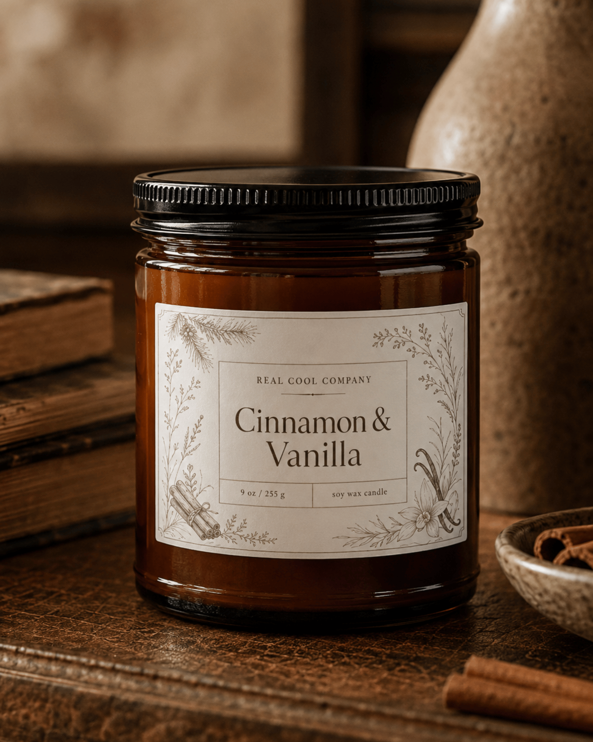 An amber glass jar candle with a black lid and a cream label reading 'REAL COOL COMPANY Cinnamon & Vanilla,' styled on a wooden surface with books, a ceramic vase, and cinnamon sticks in the background.