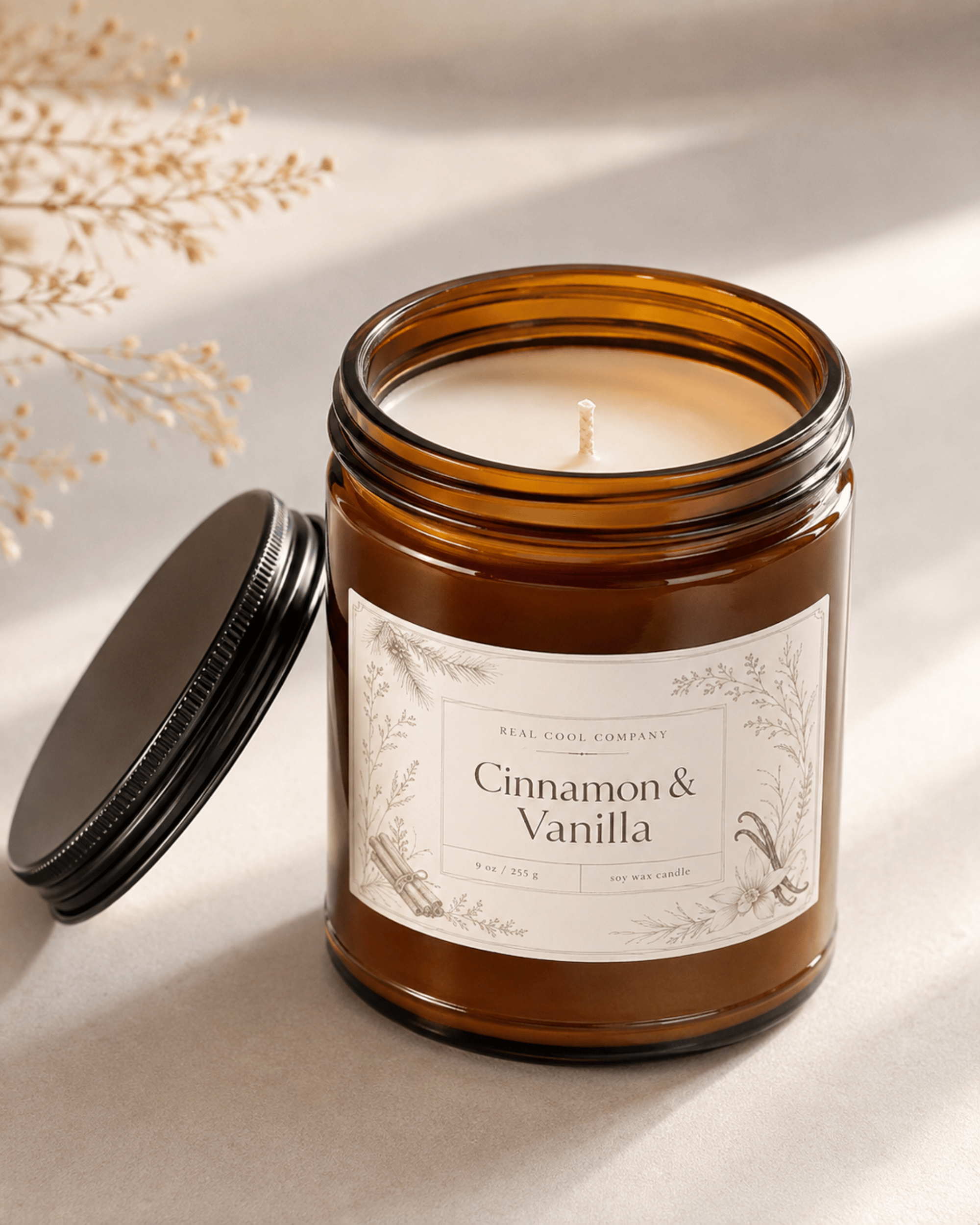 An amber glass jar candle with its black lid resting beside it on a neutral beige surface. The label reads 'REAL COOL COMPANY Cinnamon & Vanilla'.
