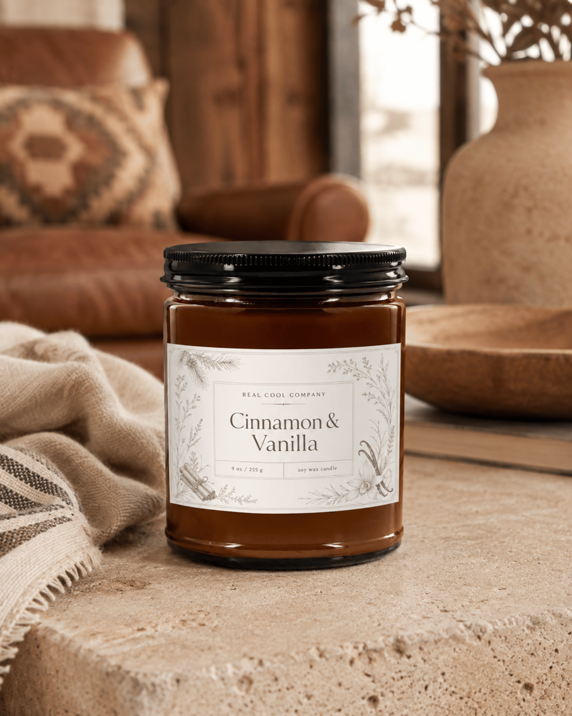 A jar candle labeled 'Cinnamon & Vanilla' by Real Cozy Company sits on a stone surface in a warm, rustic living room setting with a leather chair, throw blanket, and wooden decor in the background.