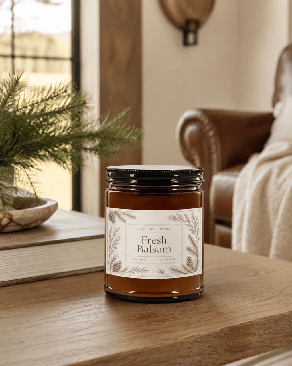 A glass jar candle labeled 'Fresh Balsam' by New Orleans Candle Co. sits on a wooden table in a cozy, softly blurred living room setting with a leather armchair and a potted plant in the background.