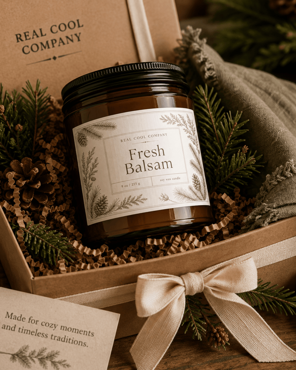 A jar candle labeled 'Fresh Balsam' by Real Cool Company, presented in a kraft gift box with pine branches, a ribbon bow, and filler paper.