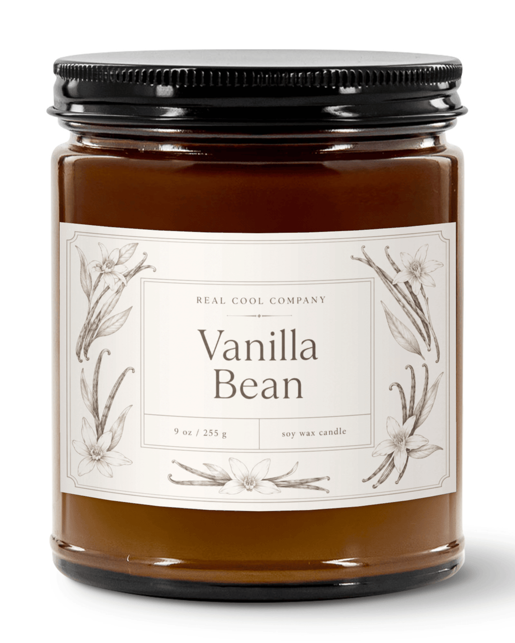 A jar candle labeled 'Vanilla Bean' by Real Cool Company, featuring vanilla bean wax in a clear glass jar with a black metal lid and a cream-colored botanical label.