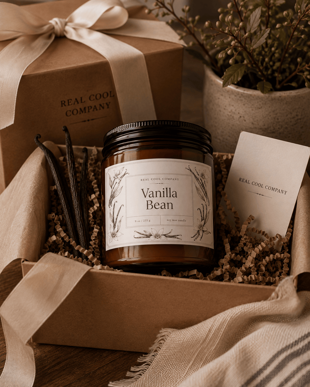 A jar candle labeled 'Vanilla Bean' by Real Cool Company, presented in a kraft gift box with a matching branded box, vanilla beans, a card, and dried botanicals on a wooden surface.