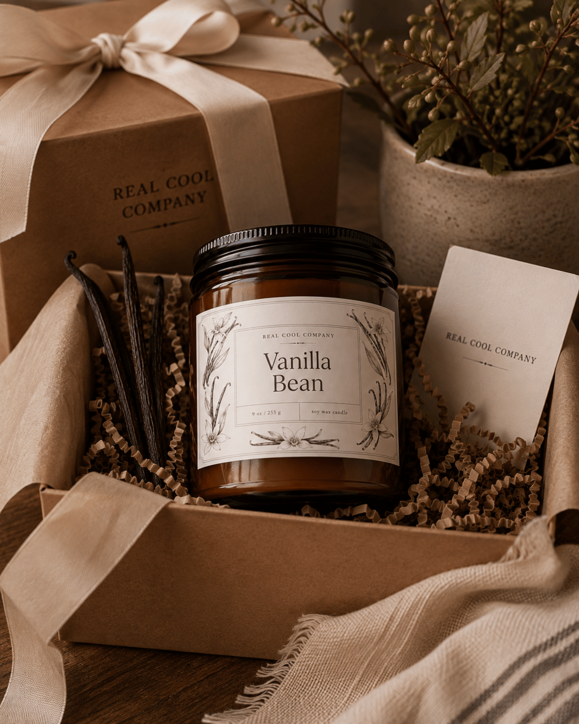 A jar candle labeled 'Vanilla Bean' by Real Cool Company, presented in a kraft gift box with a matching branded box, vanilla beans, a card, and dried botanicals on a wooden surface.