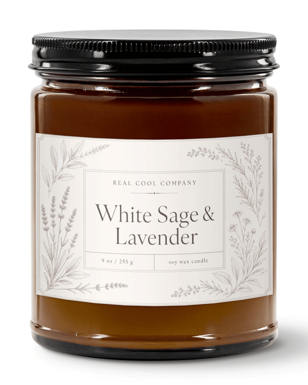 A glass jar candle with amber-brown wax, a black metal lid, and a white label reading 'White Sage & Lavender' by Real Cool Company, shown on a clean white background.