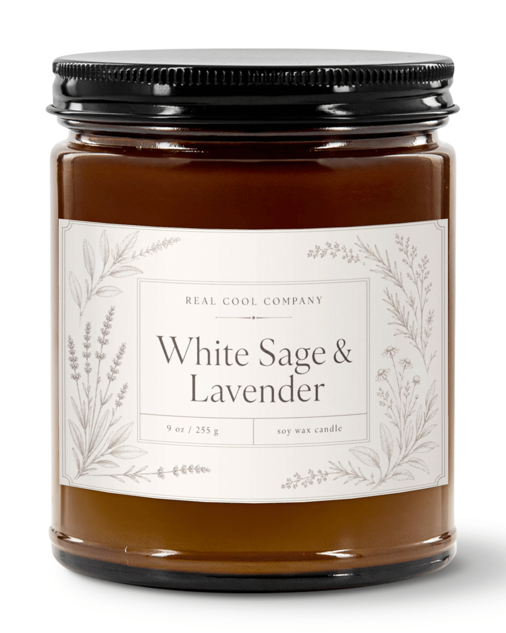 A glass jar candle with amber-brown wax, a black metal lid, and a white label reading 'White Sage & Lavender' by Real Cool Company, shown on a clean white background.