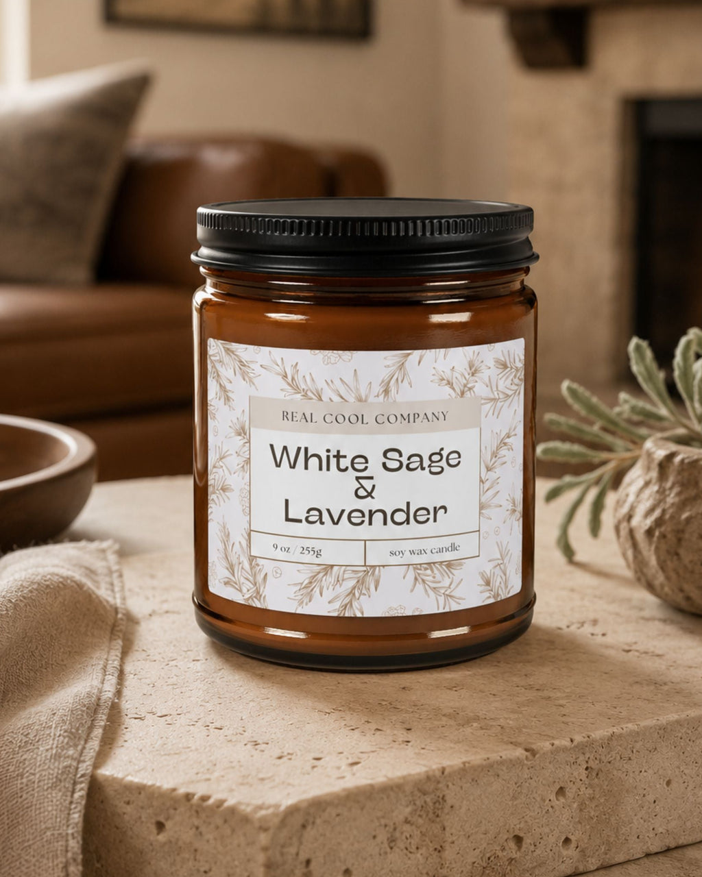 A 9oz amber glass jar candle with a black metal lid and a white paper label reading 'White Sage & Lavender' by Real Cool Company, styled on a stone surface in a cozy living room setting.