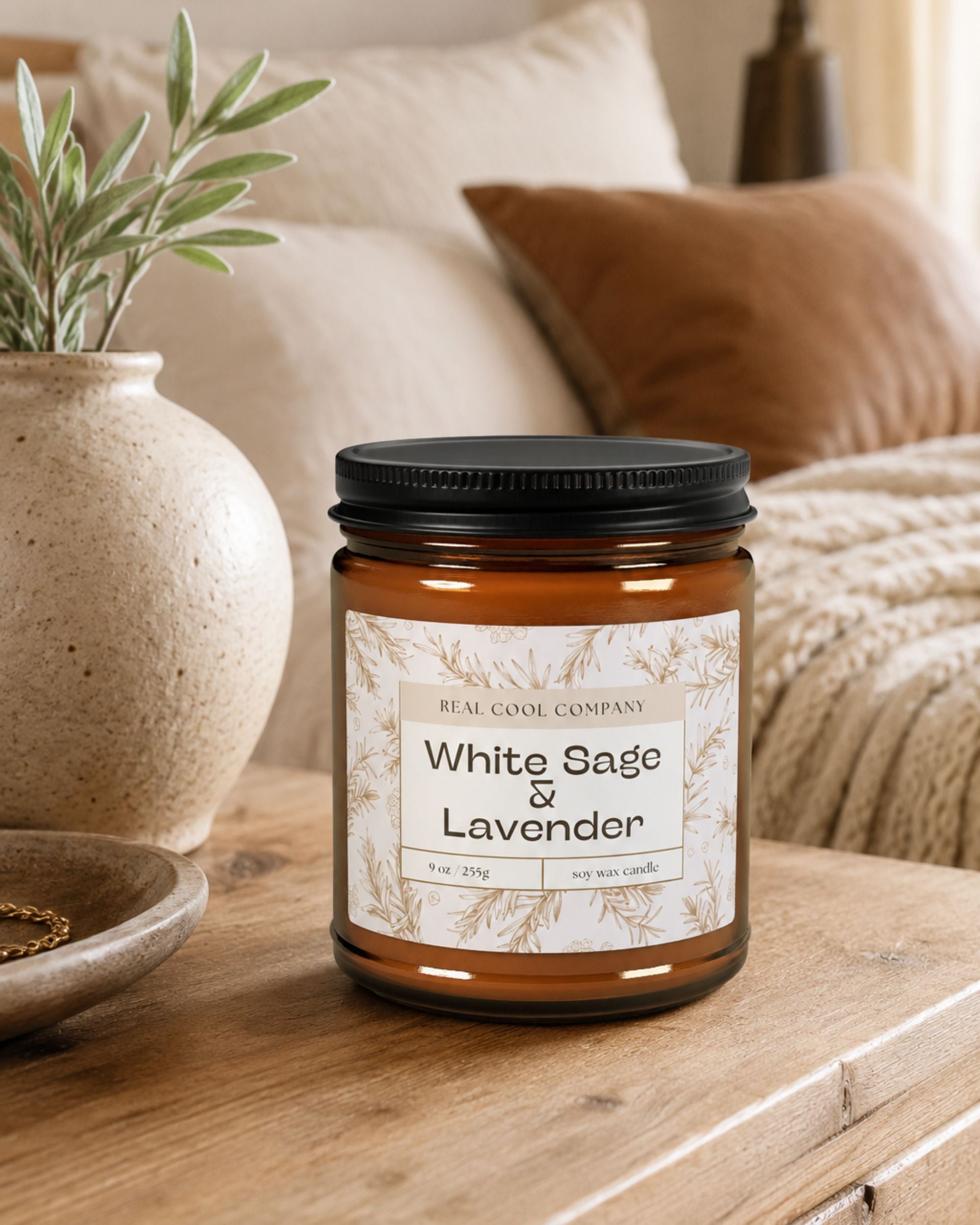 A jar candle labeled 'White Sage & Lavender' by Real Cool Company sits on a wooden table in a cozy bedroom setting with a bed, pillows, and a ceramic vase in the background.