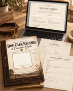 Fillable and printable Dog Care Record PDF workbook displayed digitally and in print
