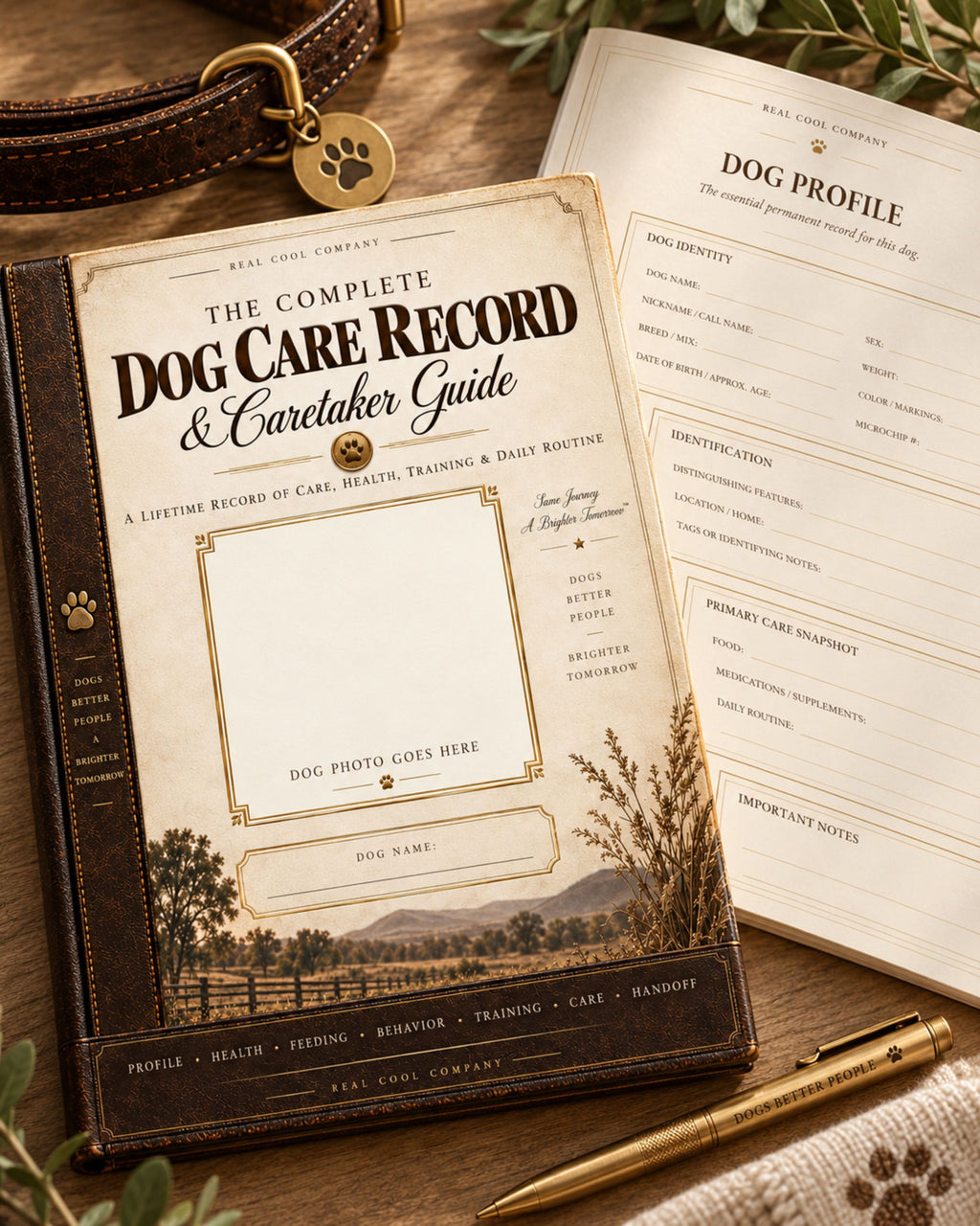 Printable Dog Care Record workbook pages including dog profile, emergency contacts and caretaker information