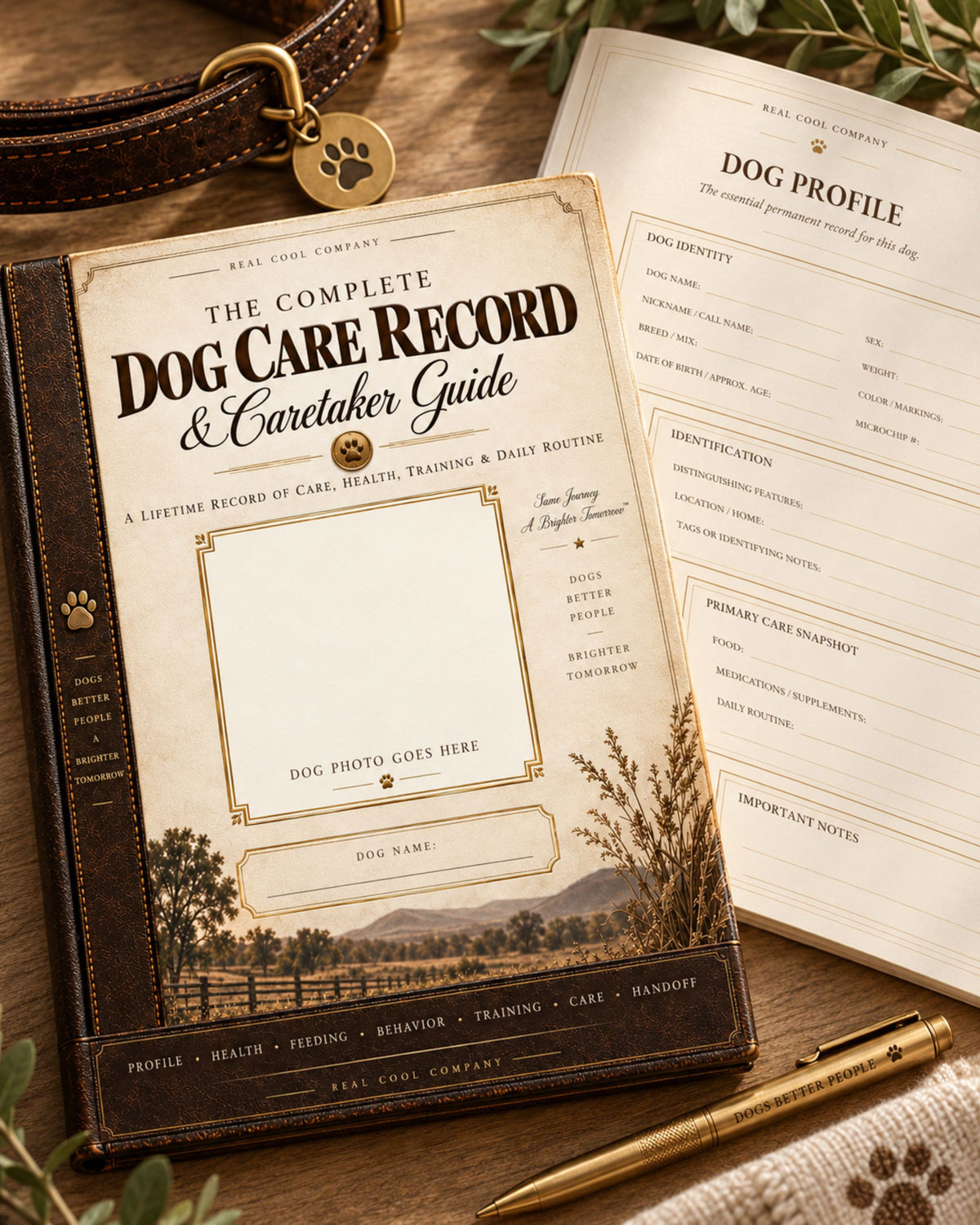 Printable Dog Care Record workbook pages including dog profile, emergency contacts and caretaker information