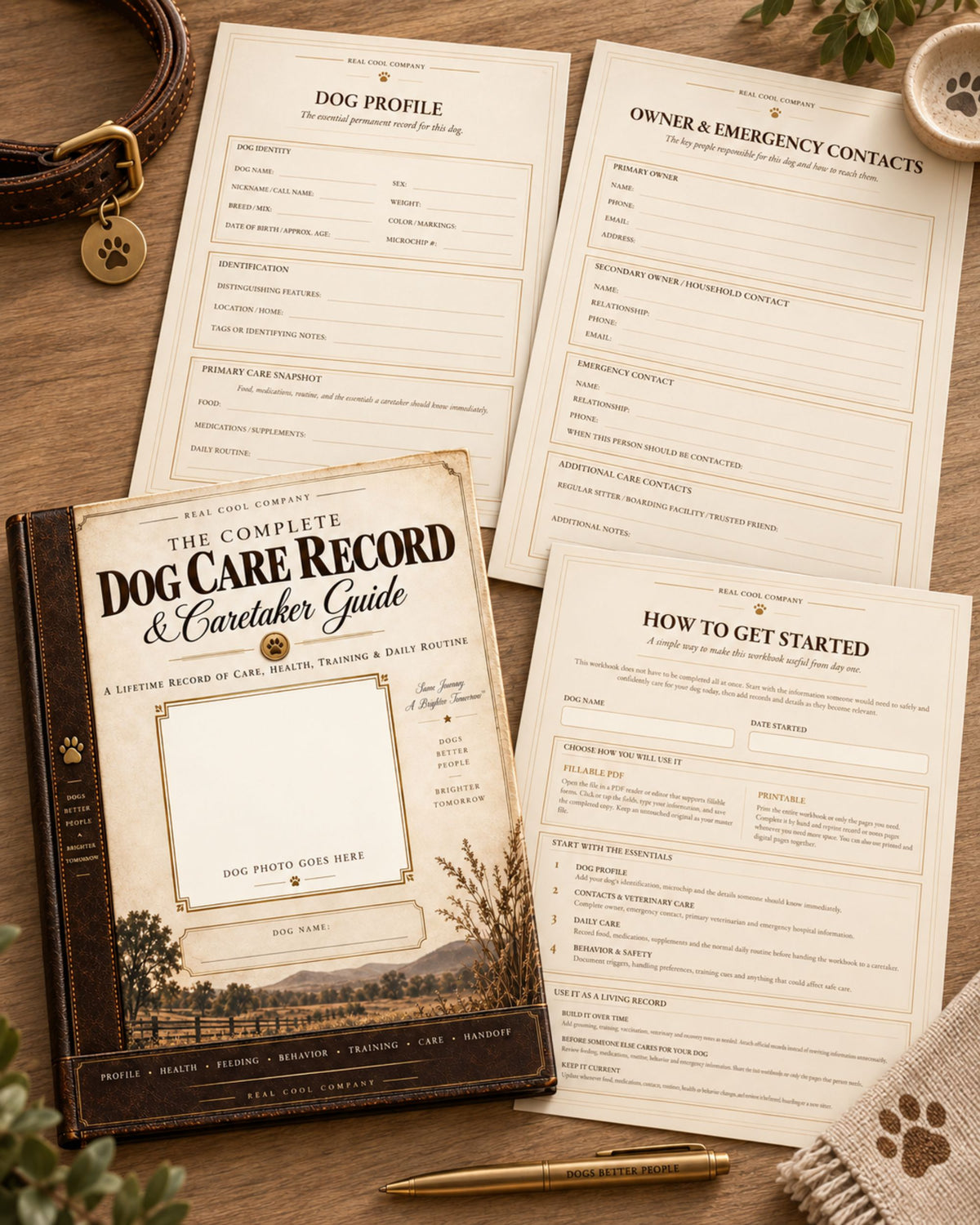 Luxury dog care workbook with health, feeding, behavior, training and caretaker record pages