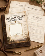 Real Cool Company Dog Care Record and Caretaker Guide styled in a refined Modern Western setting